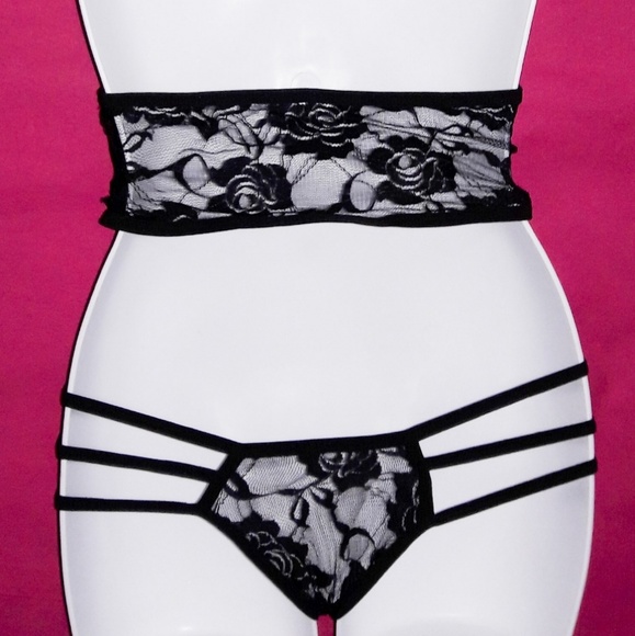 Black Lace Criss Cross Bodice Strappy Bodysuit - Picture 5 of 5